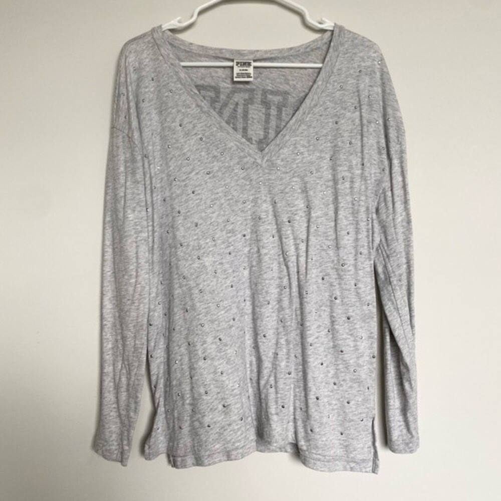 PINK Victoria’s Secret Campus Shirt Embellished Gray Long Sleeve V Neck Medium